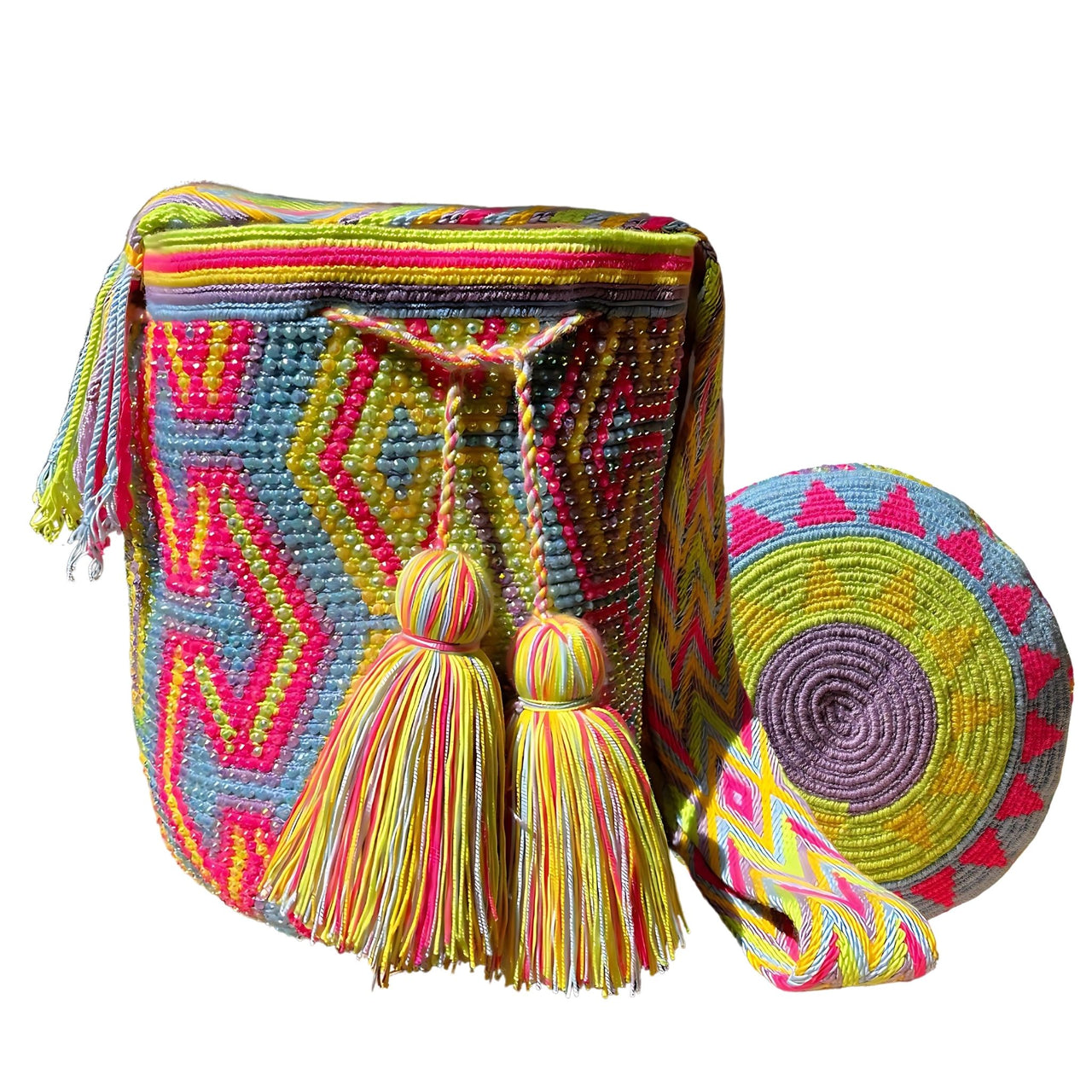 Wayuu Mochila bag yellow, blue and red decorated with rhinestones and crystals