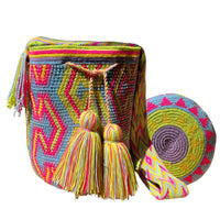 Thumbnail for Wayuu Mochila bag yellow, blue and red decorated with rhinestones and crystals