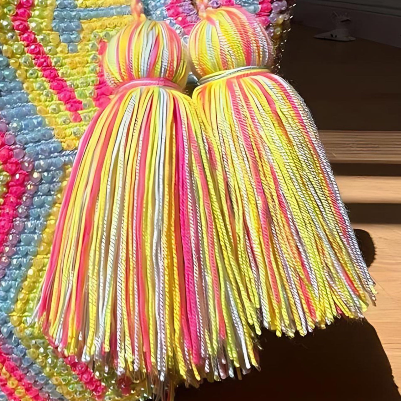 Wayuu Mochila bag yellow, blue and red decorated with rhinestones and crystals