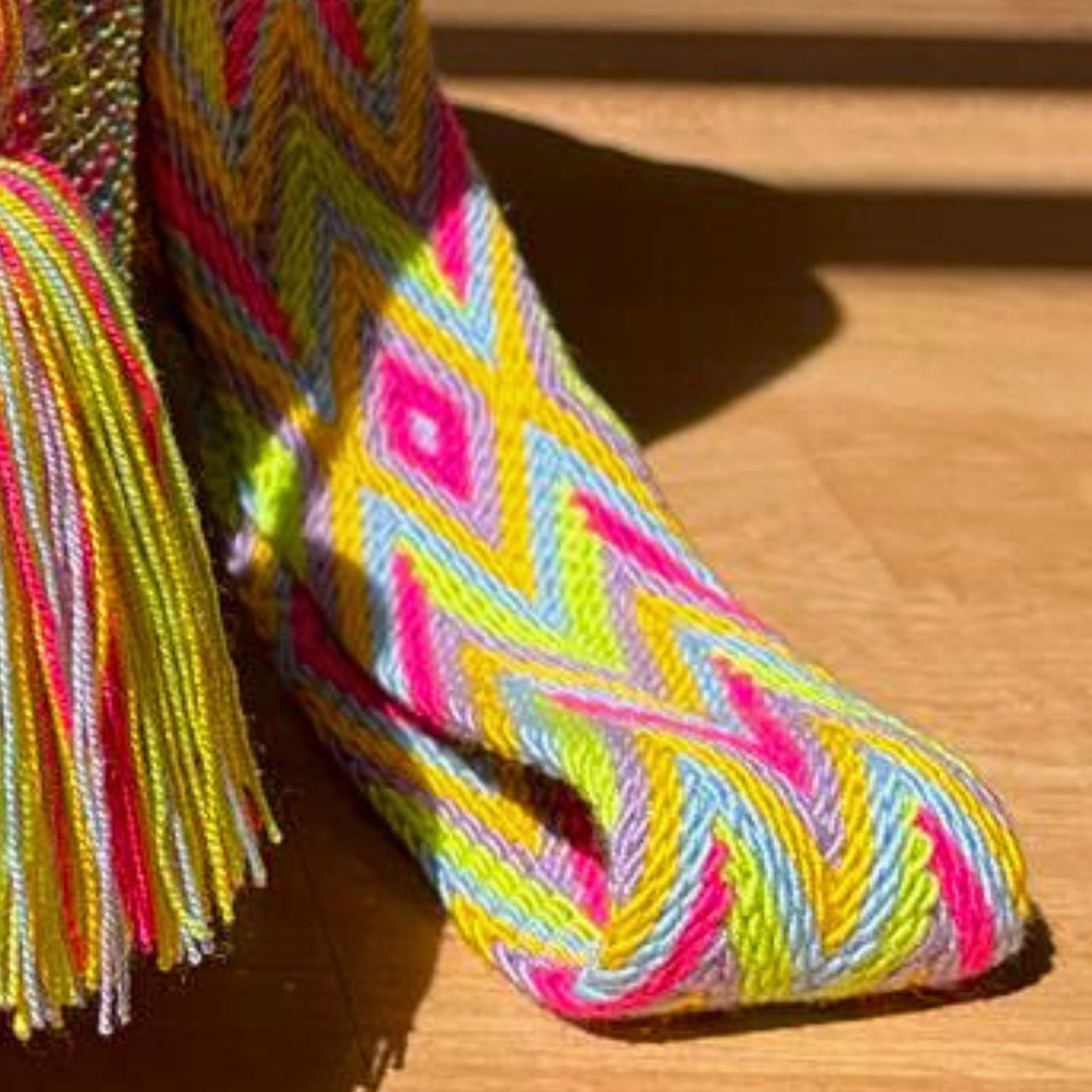 Wayuu Mochila bag yellow, blue and red decorated with rhinestones and crystals