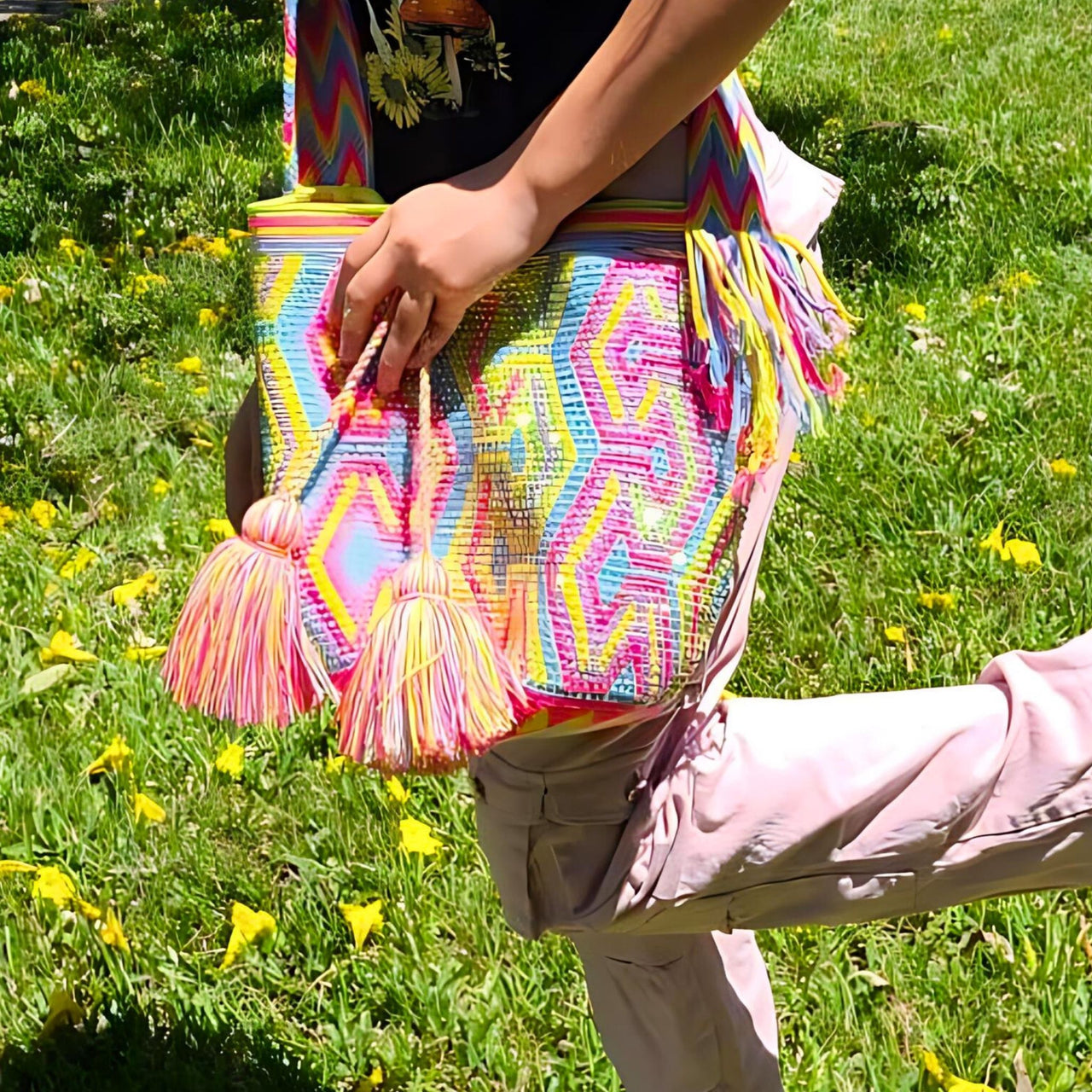 Wayuu Mochila bag yellow, blue and red decorated with rhinestones and crystals