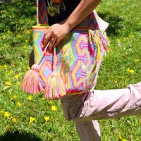 Thumbnail for Wayuu Mochila bag yellow, blue and red decorated with rhinestones and crystals