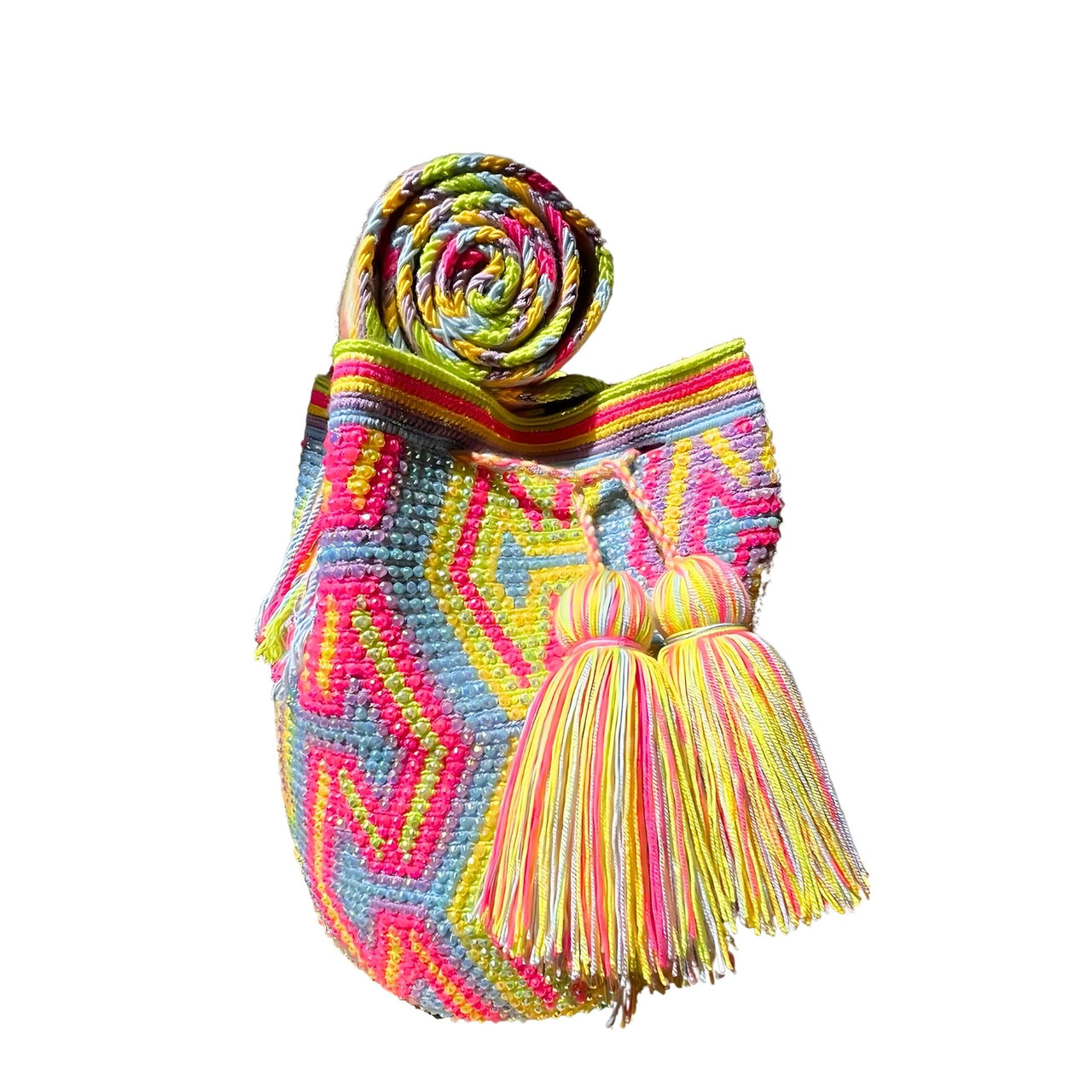 Wayuu Mochila bag yellow, blue and red decorated with rhinestones and crystals