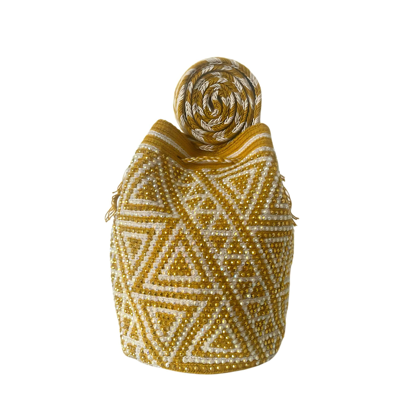 Wayuu Mochila bag yellow decorated with rhinestones and crystals