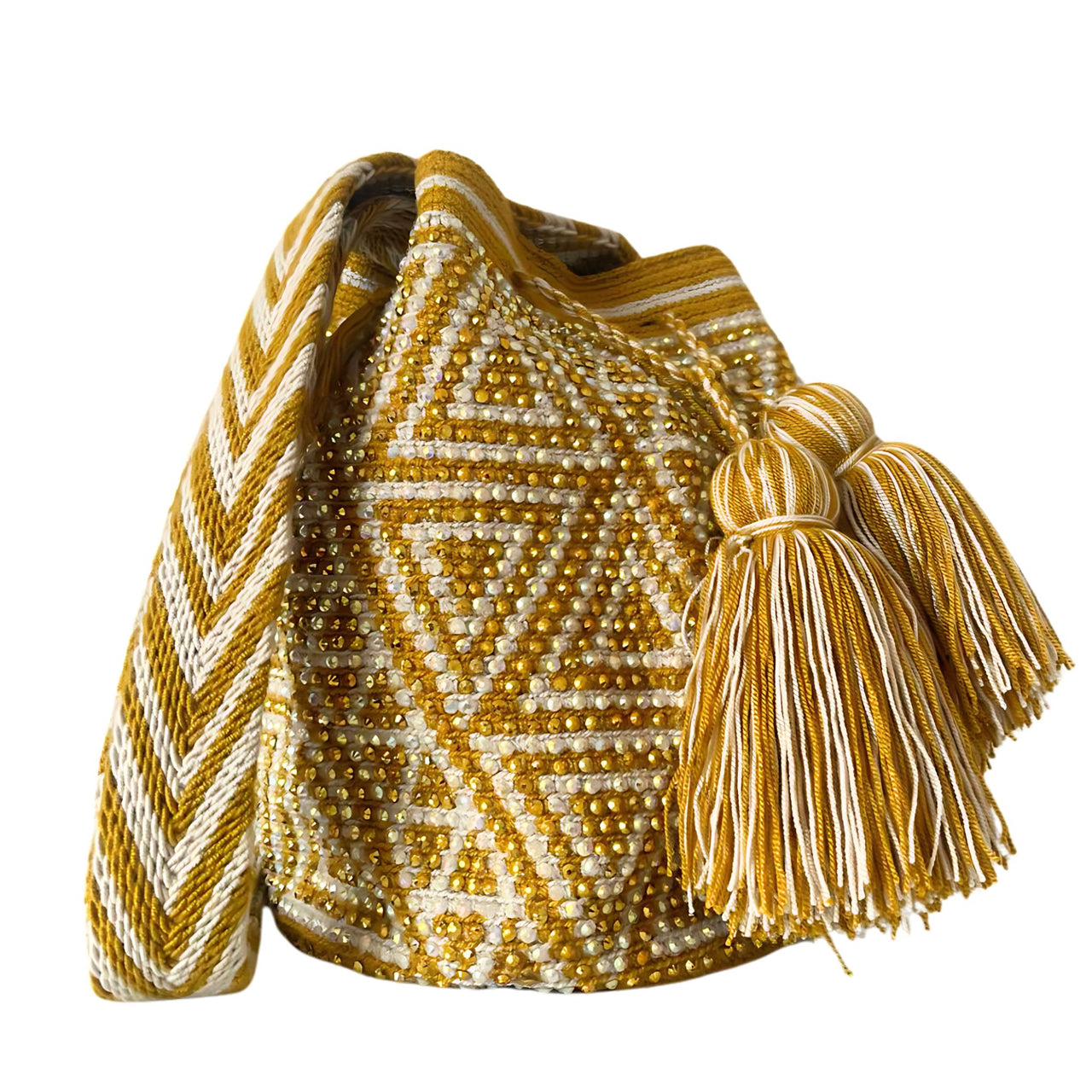 Wayuu Mochila bag yellow decorated with rhinestones and crystals