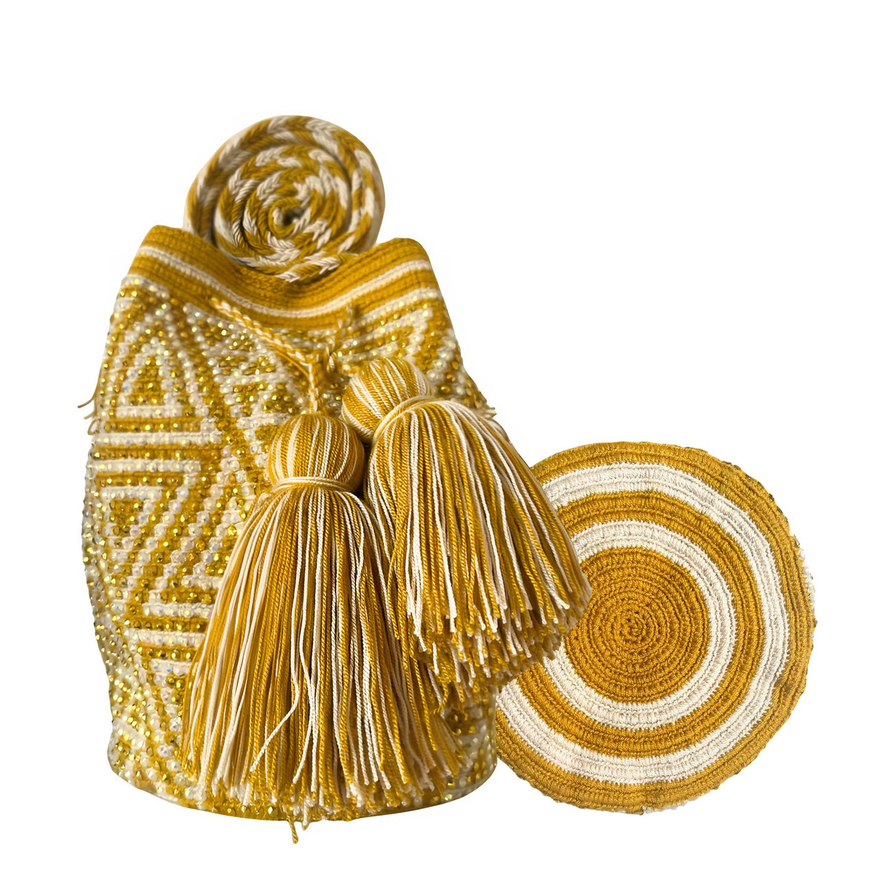 Wayuu Mochila bag yellow decorated with rhinestones and crystals