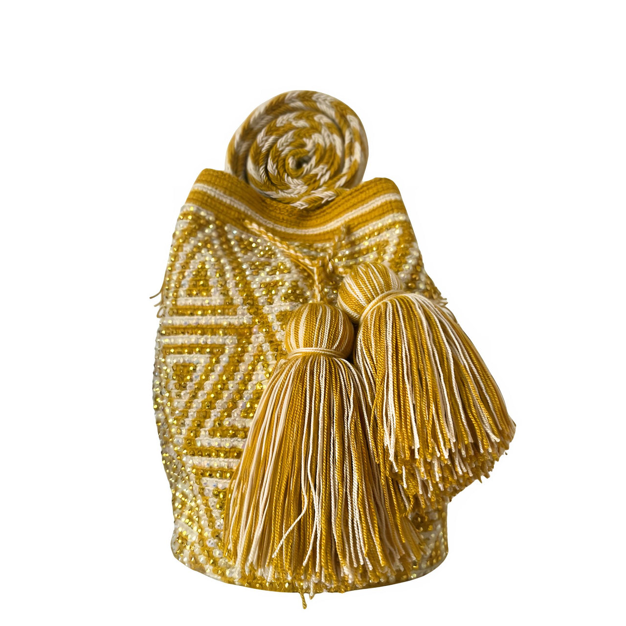 Wayuu Mochila bag yellow decorated with rhinestones and crystals