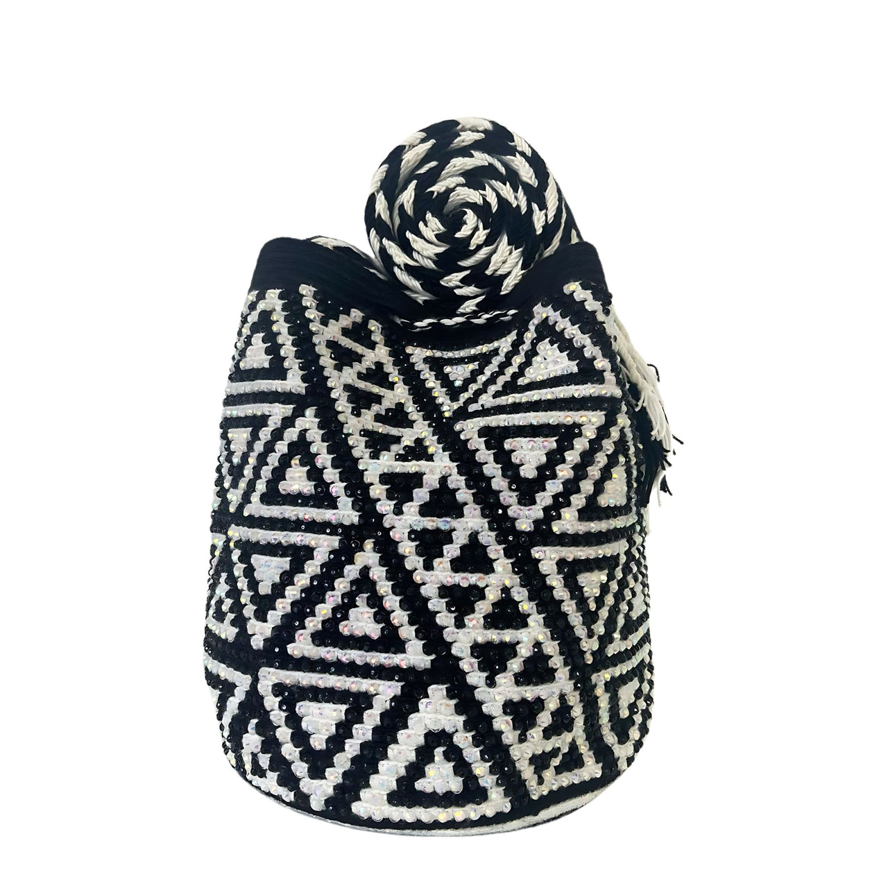 Wayuu Mochila bag black and white decorated with rhinestones and crystals