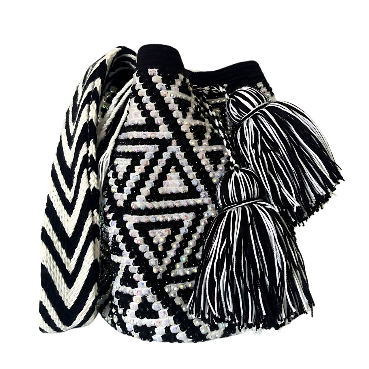 Wayuu Mochila bag black and white decorated with rhinestones and crystals