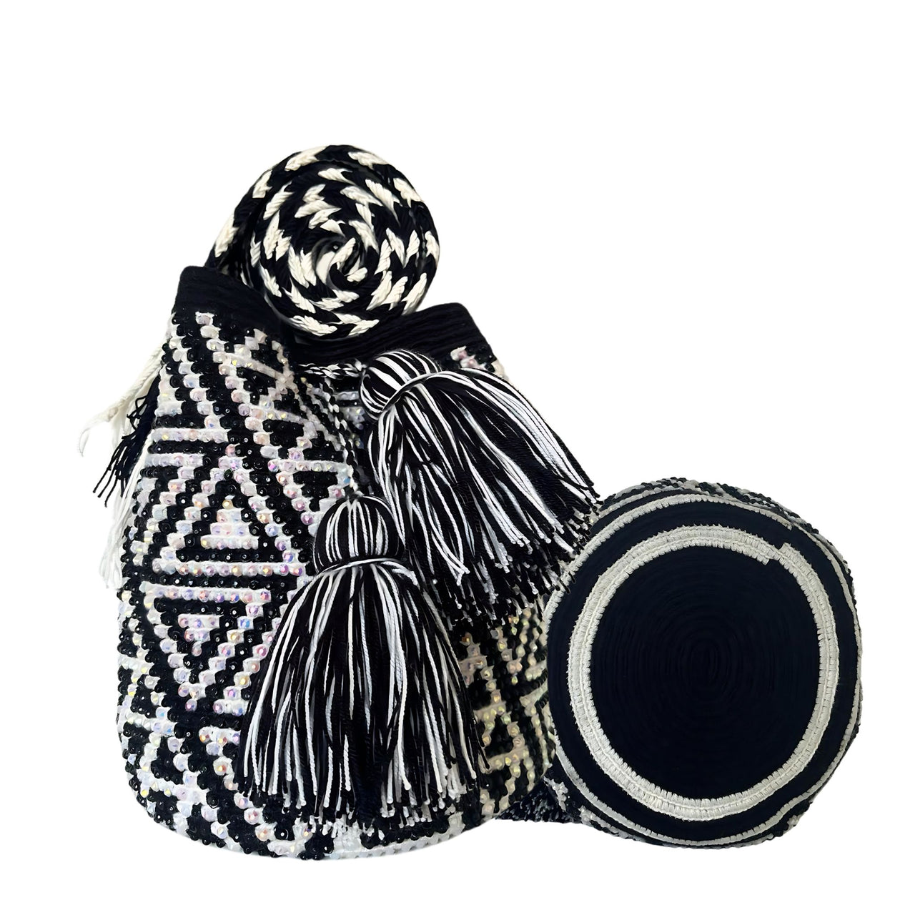 Wayuu Mochila bag black and white decorated with rhinestones and crystals