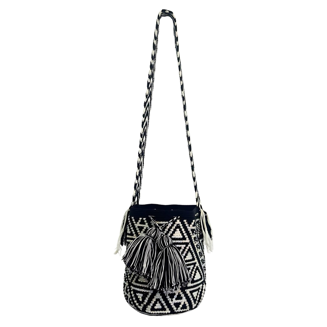 Wayuu Mochila bag black and white decorated with rhinestones and crystals