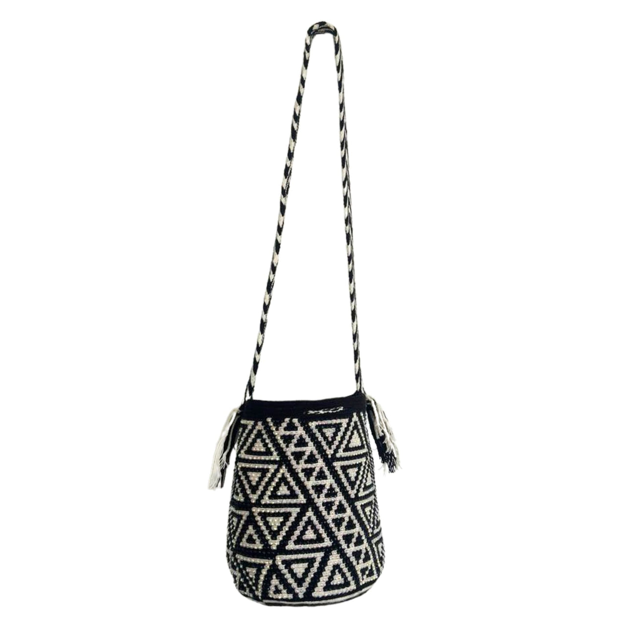 Wayuu Mochila bag black and white decorated with rhinestones and crystals