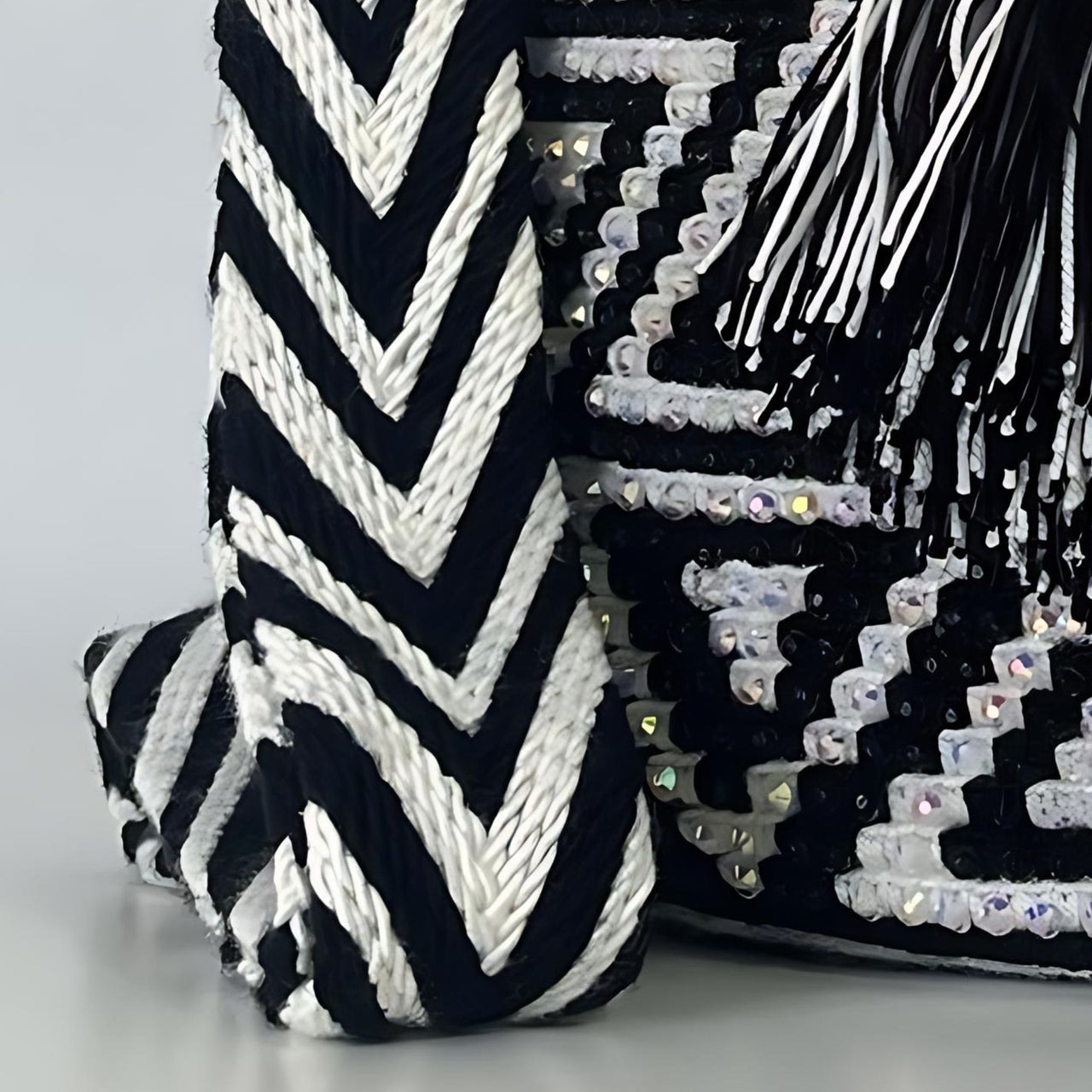 Wayuu Mochila bag black and white decorated with rhinestones and crystals