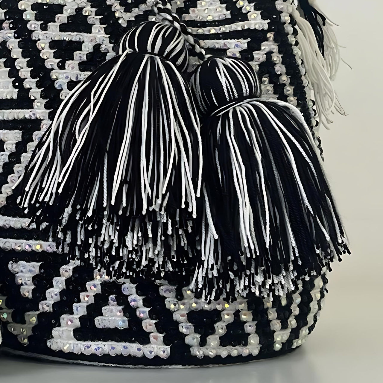 Wayuu Mochila bag black and white decorated with rhinestones and crystals