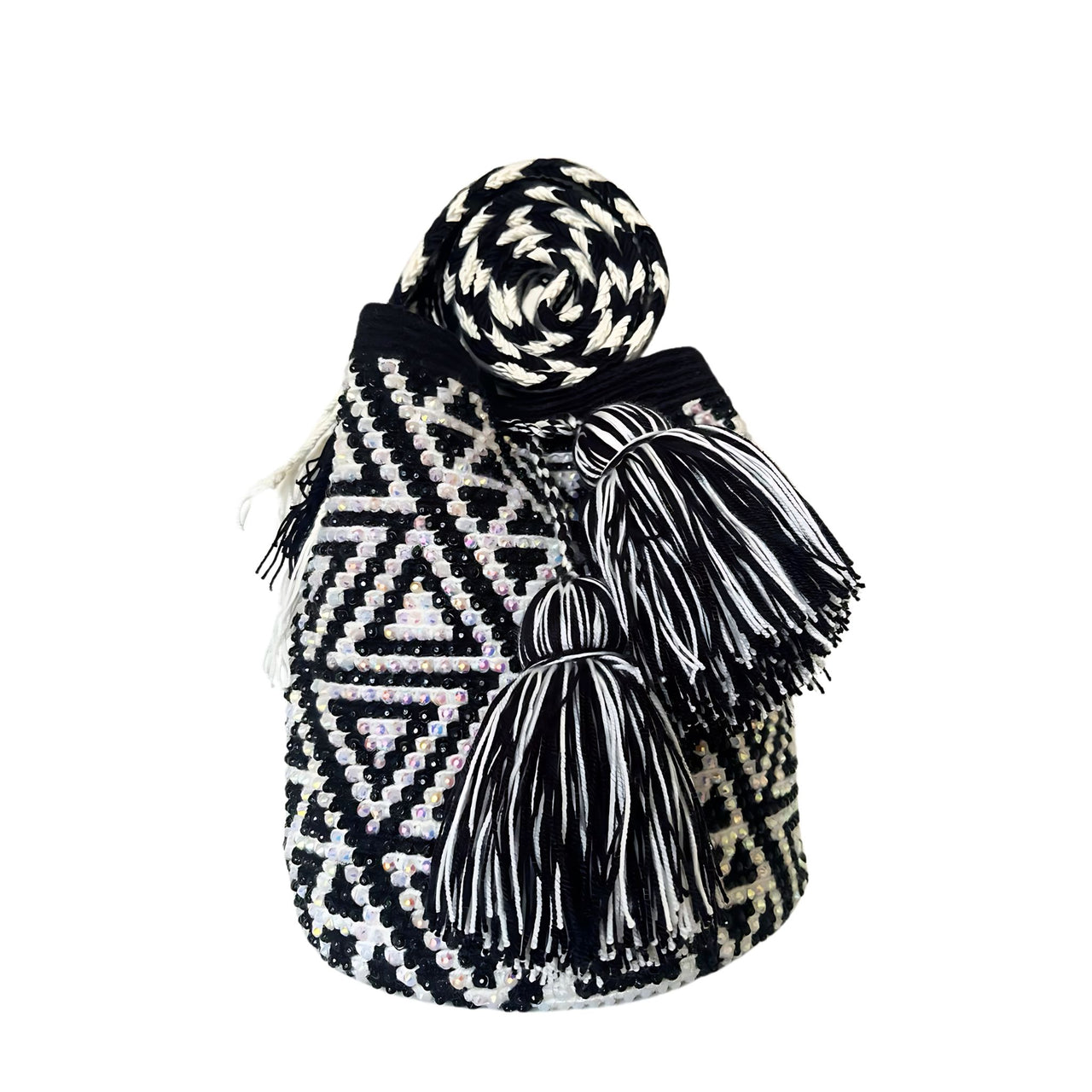 Wayuu Mochila bag black and white decorated with rhinestones and crystals