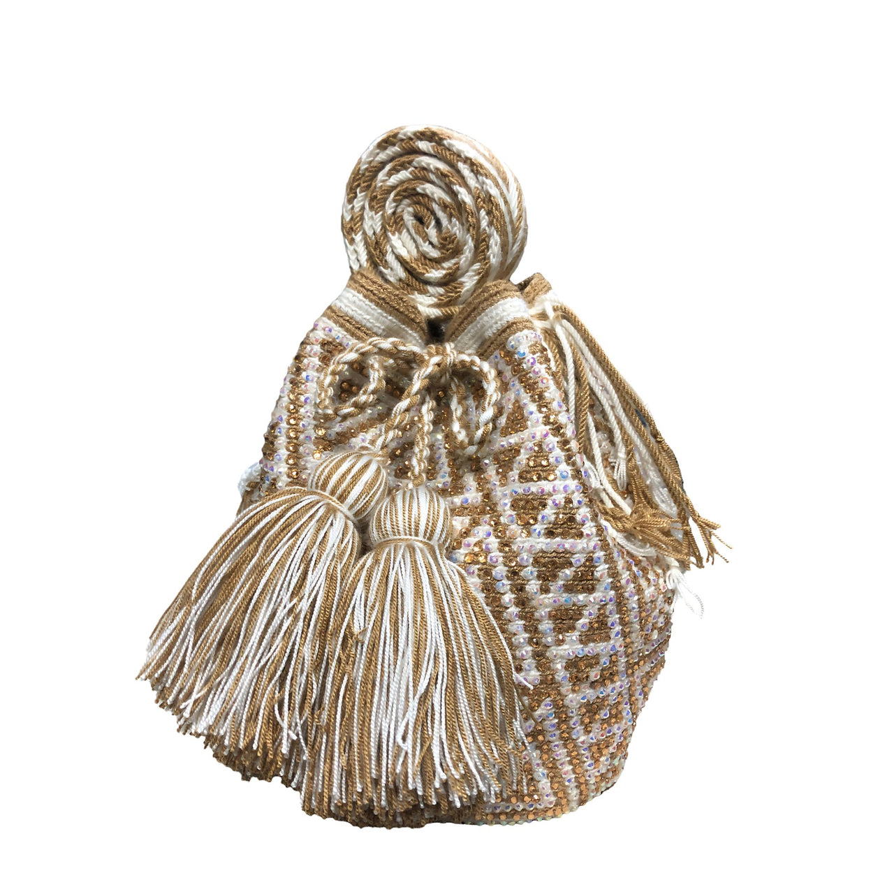 Wayuu Mochila bag white and Beige decorated with rhinestones and crystals